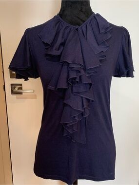 Ralph Lauren Sport Women's NWT Small Navy Ruffle Front Short Ruffle Sleeve Top